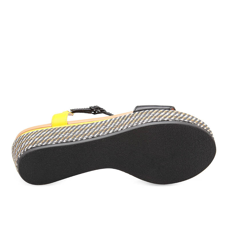 真皮女鞋编织带鞋底松糕跟坡跟凉鞋高跟低帮1600132 黑色羊皮610102