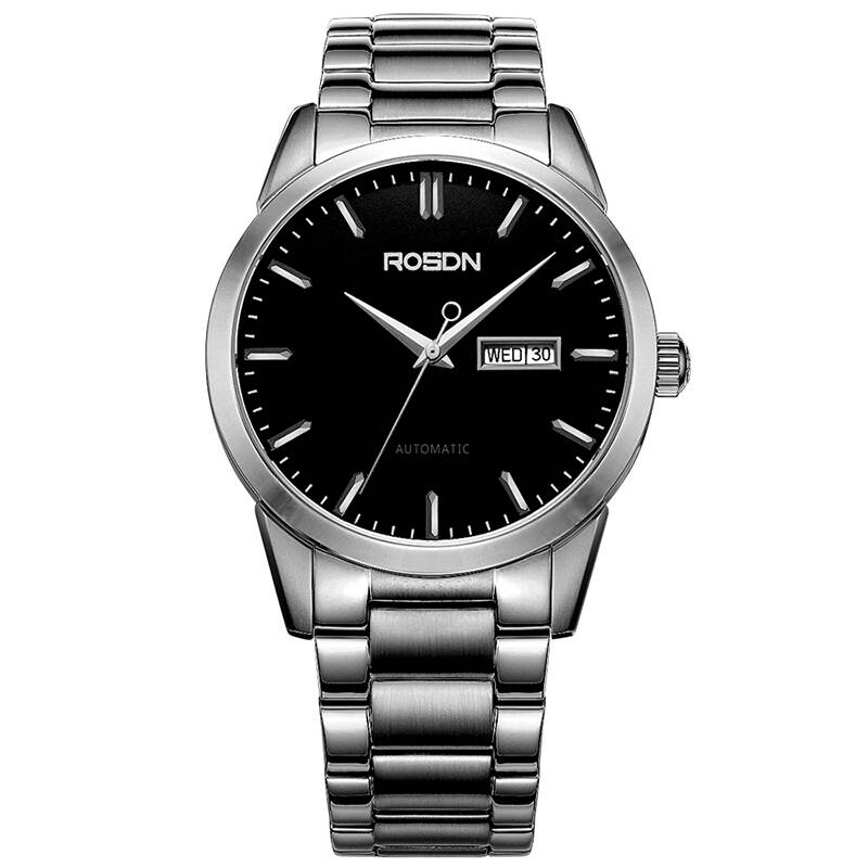 劳士顿(rosdn)男士豁达系列全自动机械男表 经典商务钢带皮带双日历