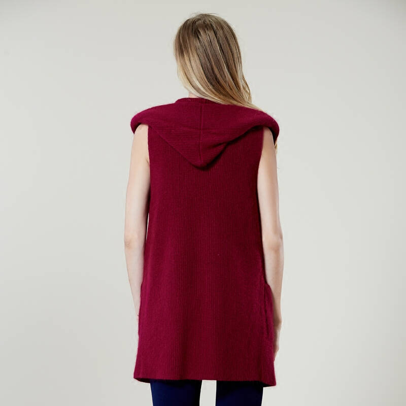 女装正品中长款貂毛女士连帽开衫针织大衣外套绒衫女外套毛衣 红色 s