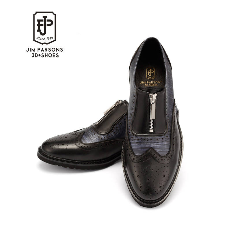 jim parsons 雅痞风英伦休闲真皮男鞋 布洛克雕花拼牛仔布 舒适搭扣套