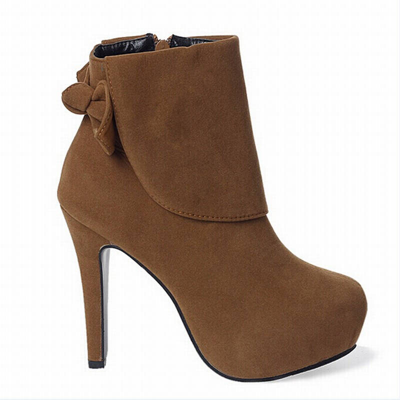 新款韩版女鞋 细跟甜美蝴蝶结马丁靴短靴女靴 性感夜店高跟鞋 棕色 34