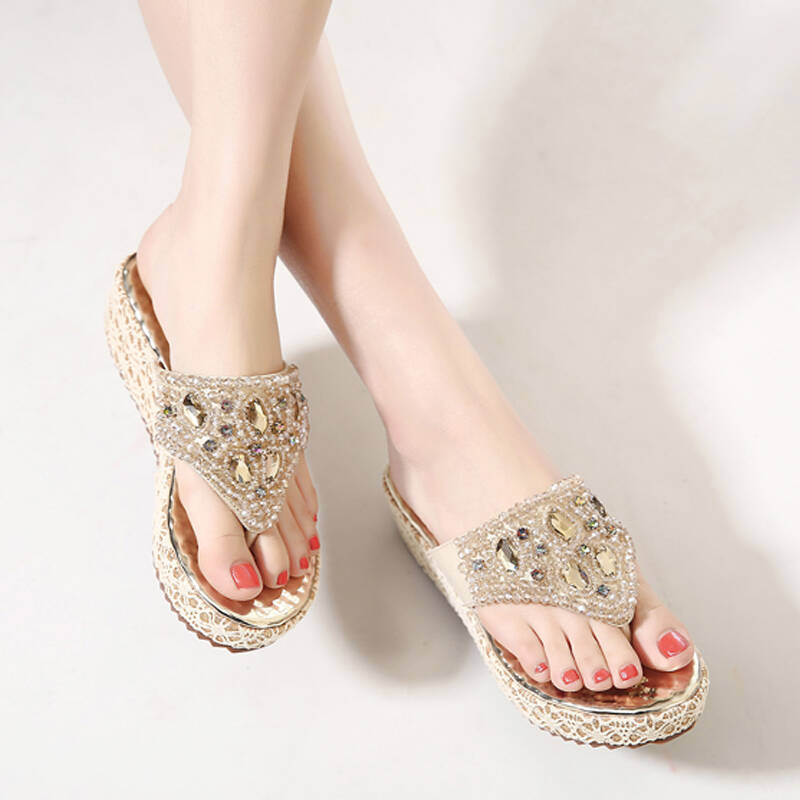 zeudi坡跟凉鞋 女春夏新款夹趾套脚凉拖鞋女鞋子 金色 35