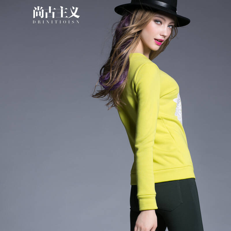 尚古主义果绿色宽松长袖t恤2016春季欧美女装新款印花