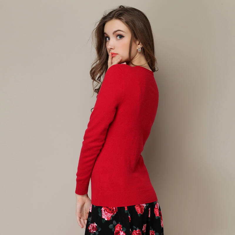 sara phillips100%纯羊绒衫女 新款卷边v领纯羊绒短款薄毛衣85119