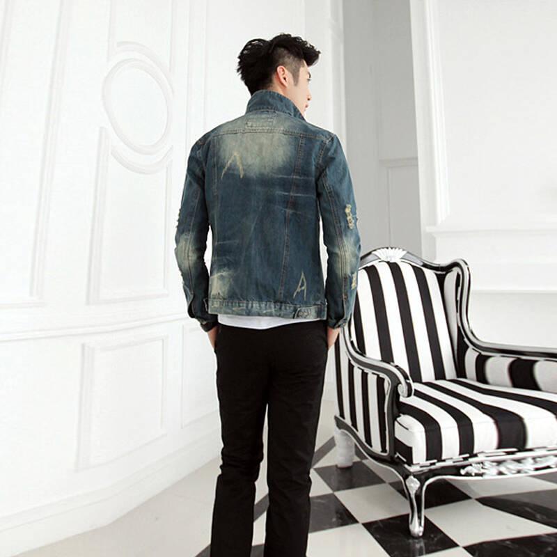 城市前端 新款酷派男士牛仔磨破水洗牛仔衣夹克 外套 牛仔蓝色 xxxl