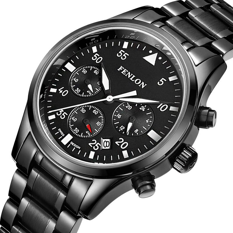 峰浪(fenlon)手表 男表钢带皮带三眼日历多功能防水休闲商务男士手表