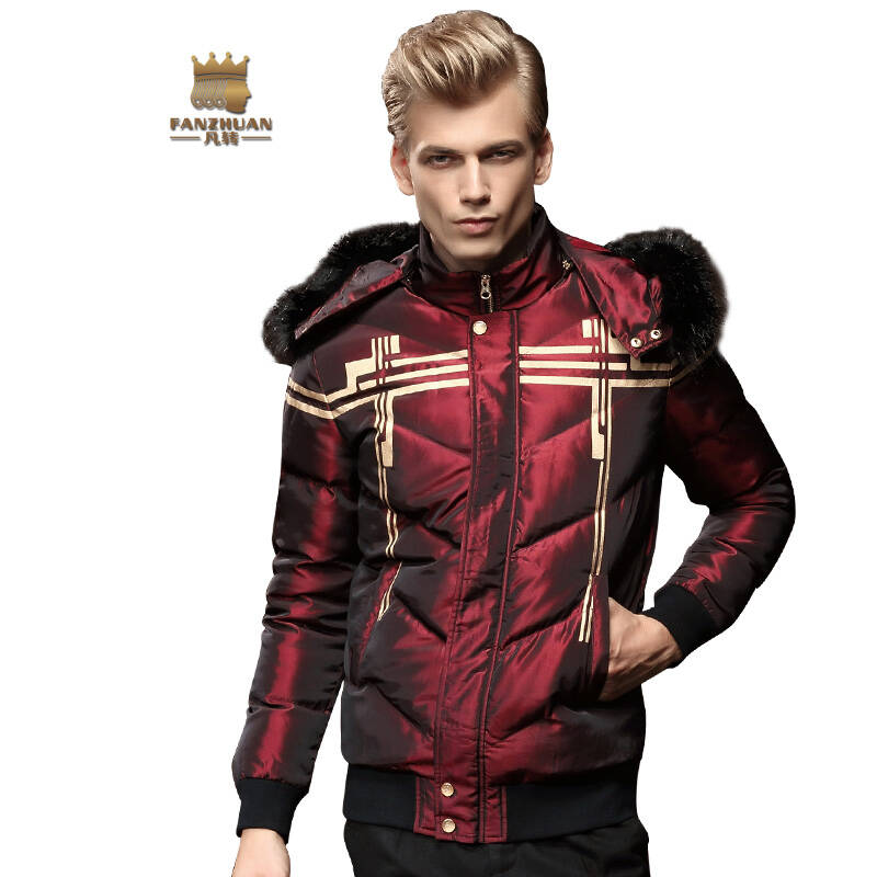 凡转2015冬季男士长袖连帽休闲外套保暖夹棉修身 羽绒服男510066 红色