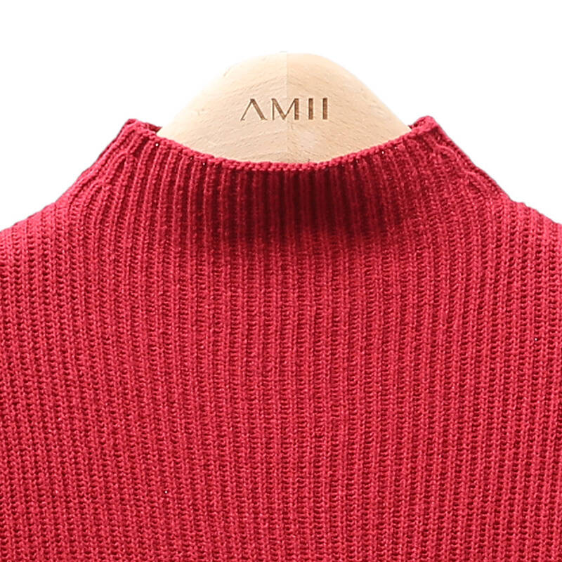 amiiredefine2015冬新简洁百搭小高领口袋纯色大码毛衣女 石榴红 xxxl