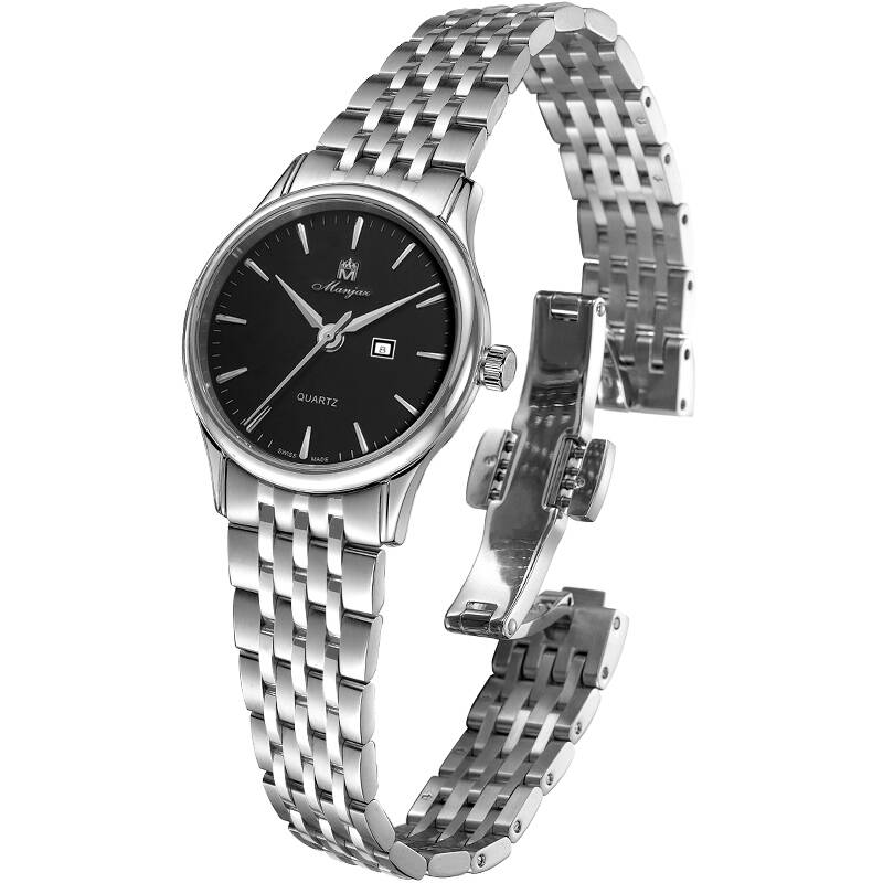 名爵(manjaz)手表 爱琴海系列石英精钢带男表黑色圆盘双按蝴蝶扣6168m