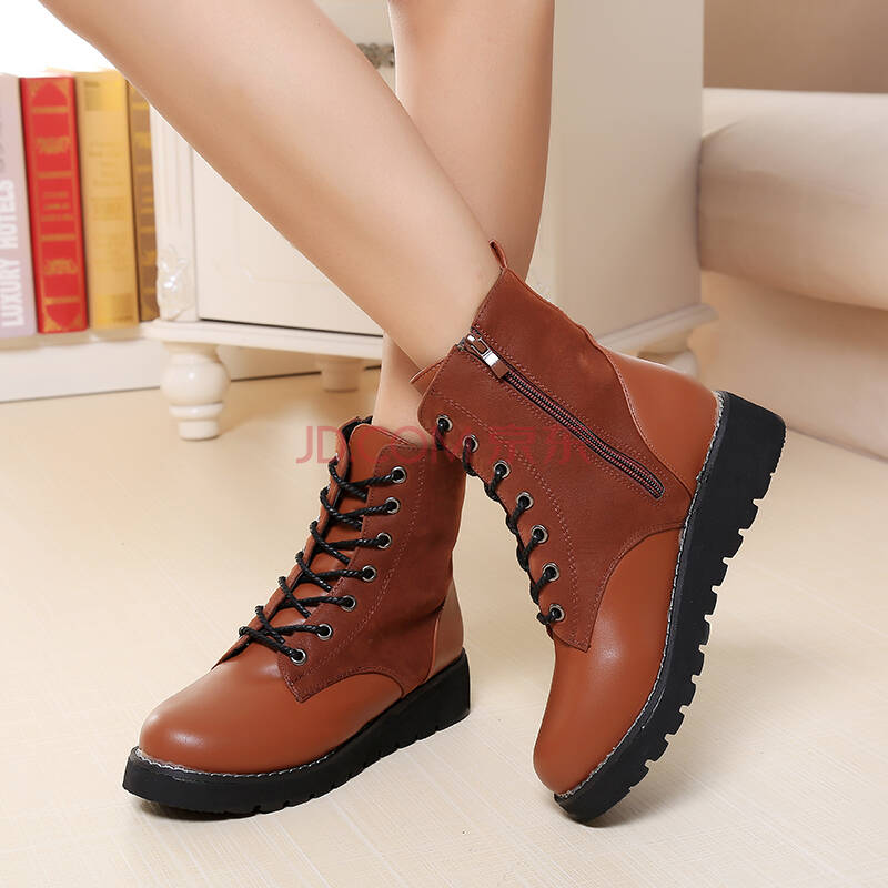 克曼丝 骑士机车平底短靴索菲亚马丁靴女靴子 棕色 38 - 京东