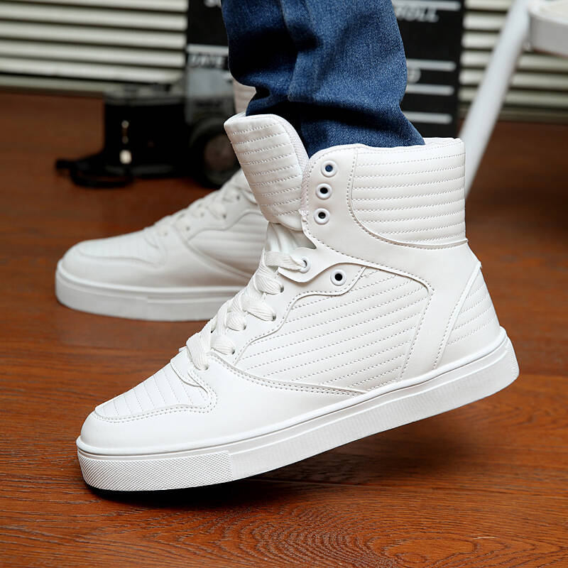 冬季情侣鞋男式高帮鞋韩版休闲潮流男板鞋厚底圆头学生鞋全高白 白色