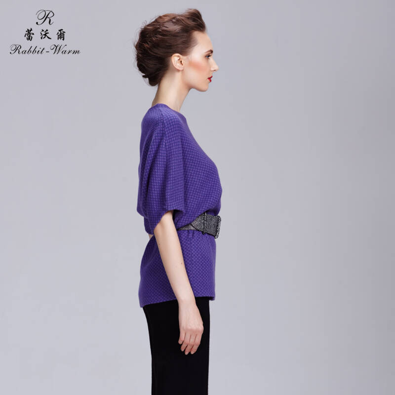 rabbit-warm/蕾沃尔新款 提花五分袖女兔绒衫 宽松纯兔绒毛衣b150421