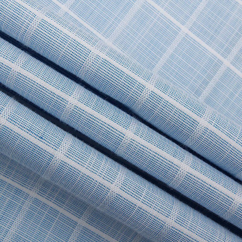 朗悦 男士拼接棉麻风短袖衬衫纯色格子衬衣男时尚休闲短袖cd1424 月白