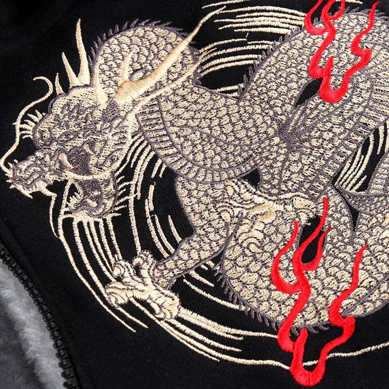 c2潮朝龙图案印花刺绣连帽拉链开衫男式棉衣外套有大码棉服卫衣 黑色