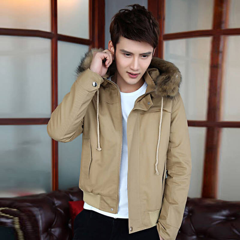 七贝勒 男装2014秋冬新款英伦男士毛领夹克潮男款夹克 卡其色 xl