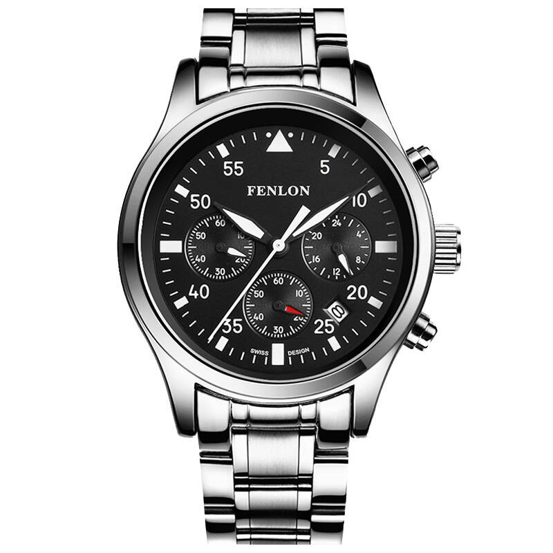 男表钢带皮带三眼日历多功能防水休闲商务男士手表 3167-银圈银钢带a