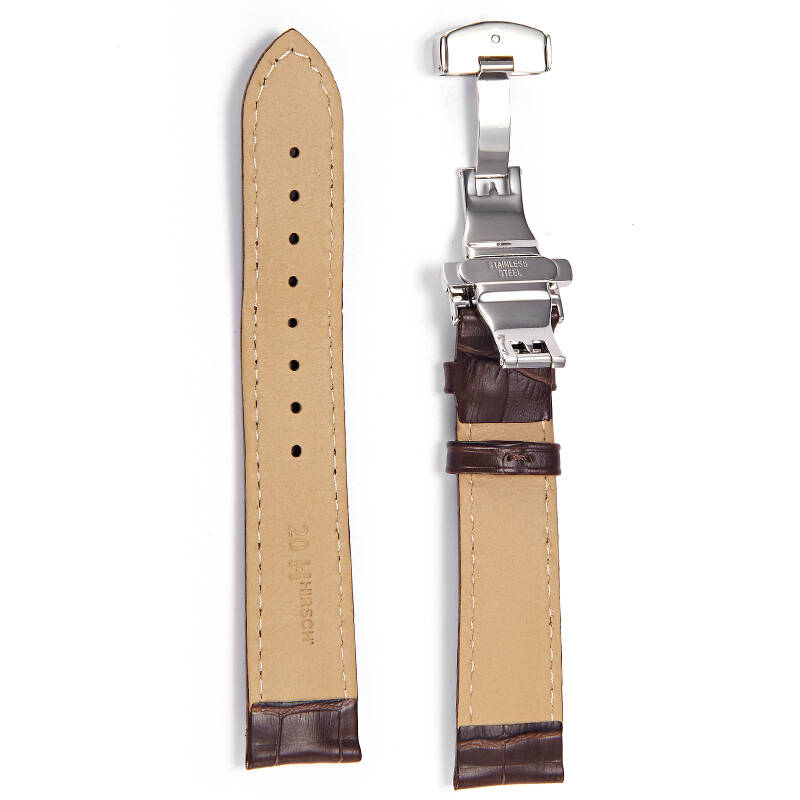 海奕施(hirsch)表带牛皮各品牌男女手表通用表带棕色棕线钢色蝴蝶扣18