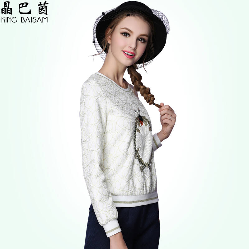 晶巴茵2015秋冬新款时尚圆领打底衫蕾女式卫衣长袖t恤152122 白色 m