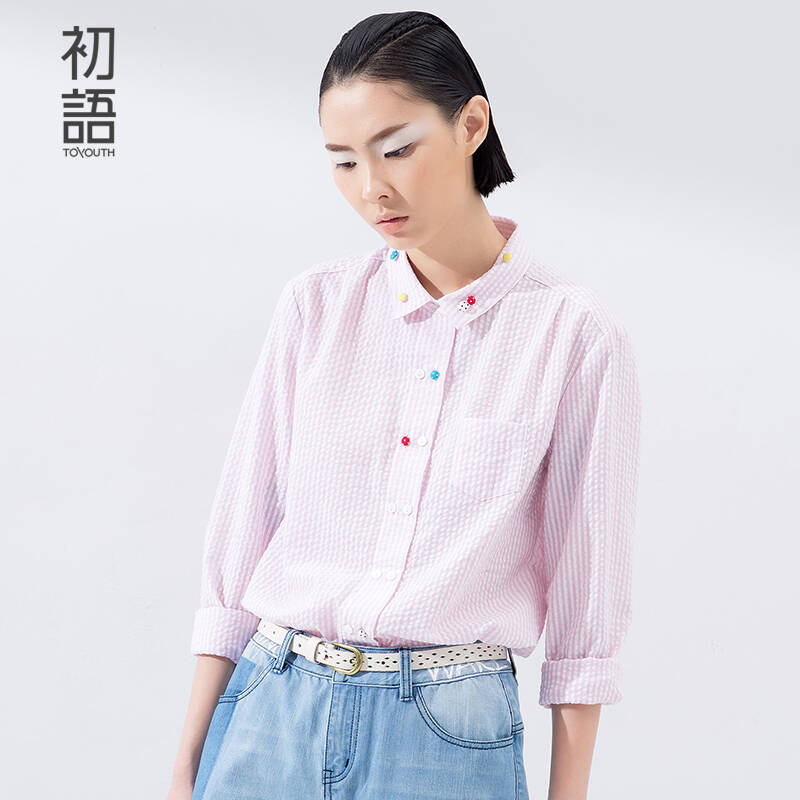 初语 春季新品 彩色纽扣泡泡布长袖衬衣女 8610212001 粉红白条 m
