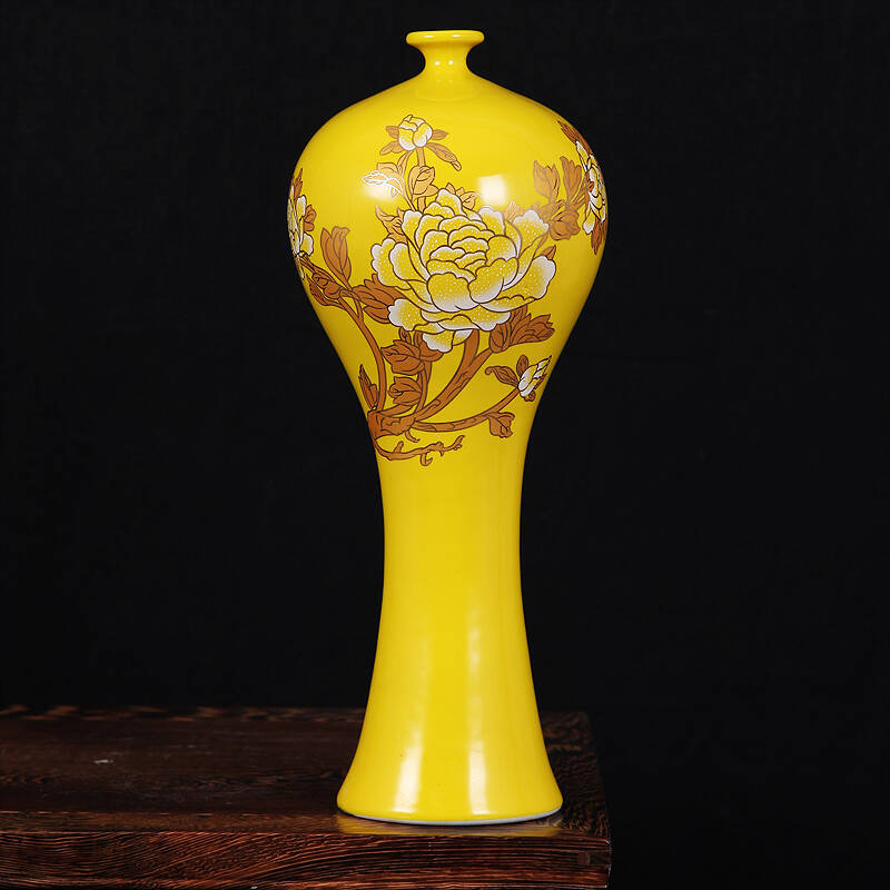 兆宏景德镇制造宫廷黄∕帝王黄金牡丹-高温釉 手工拉坯花瓶摆件 帝王