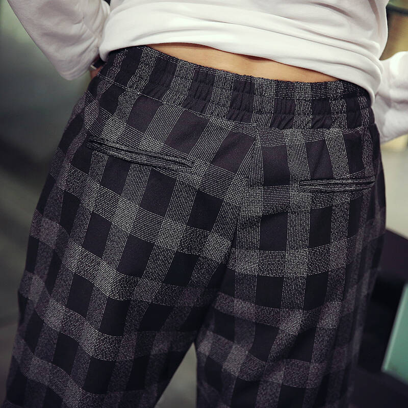秋冬新款格子休闲长裤男韩版修身束脚裤男士百搭小脚裤c408-k38 黑色