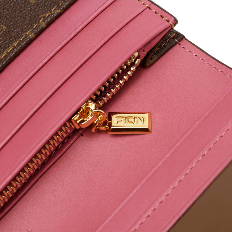 fion/菲安妮 经典女士印花长款手拿两折钱包女 驼色/啡logo