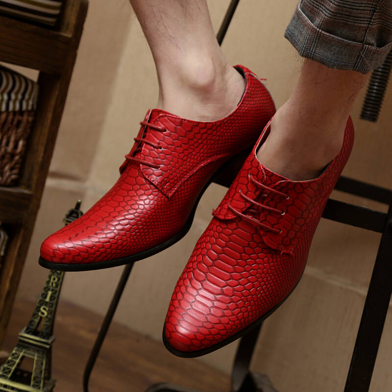 秋冬款韩版亮面皮鞋英伦风发型师皮鞋金属修身尖头男鞋子增高鞋 红色