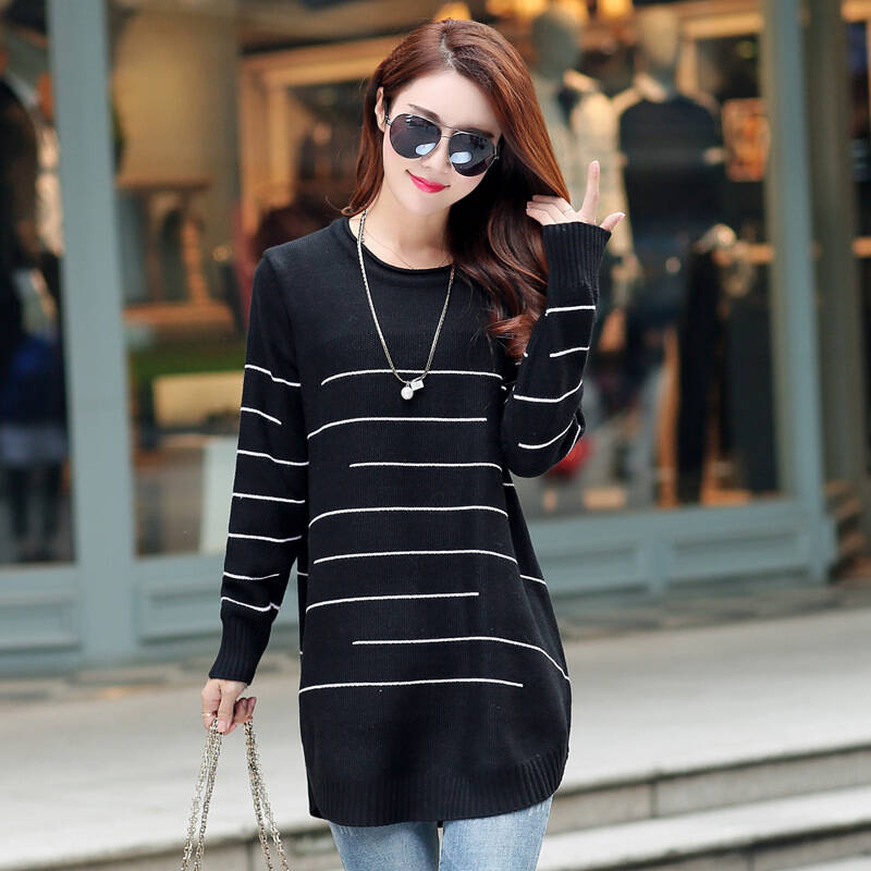 中长款圆领针织衫 韩版时尚宽袖针织上衣 上青 均码