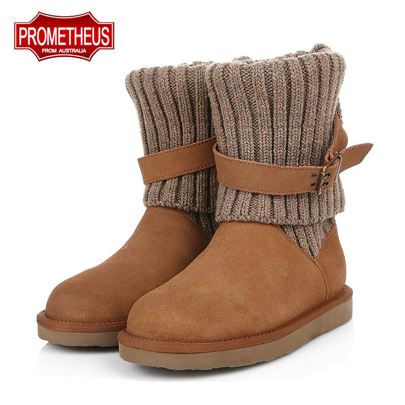 普罗米修斯冬季新款雪地靴针织羊毛线女靴羊皮毛一体雪地靴女 栗色 38