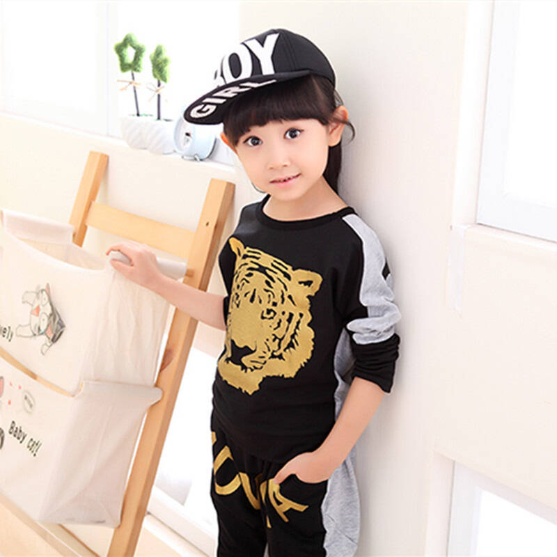 童套装秋款 老虎头印花女童套装 儿童套装长袖 韩国童装i 灰色 130码