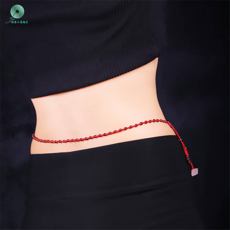 银想玉 本命年红绳腰链 石榴石红腰链 手工编织石榴石女士红绳腰带 腰