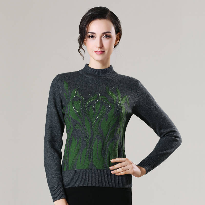 闪购自营 恒源祥 羊毛衫 女士中年圆领绣花毛衣 33013302深灰110