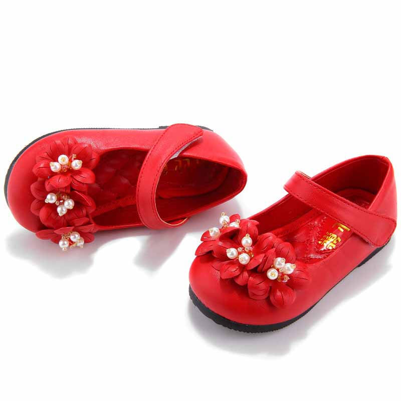 女童甜美花朵公主鞋儿童平底单鞋 红色 22