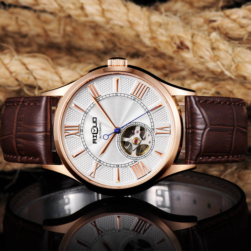 艾诺(ai luo)全自动机械表 男表(手表男士机械表 镂空) 皮带间玫