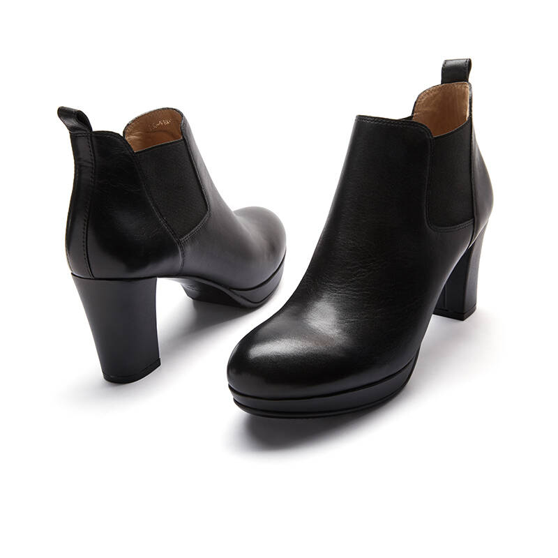 哥弟女靴圆头松紧粗跟短靴910021 黑色 36