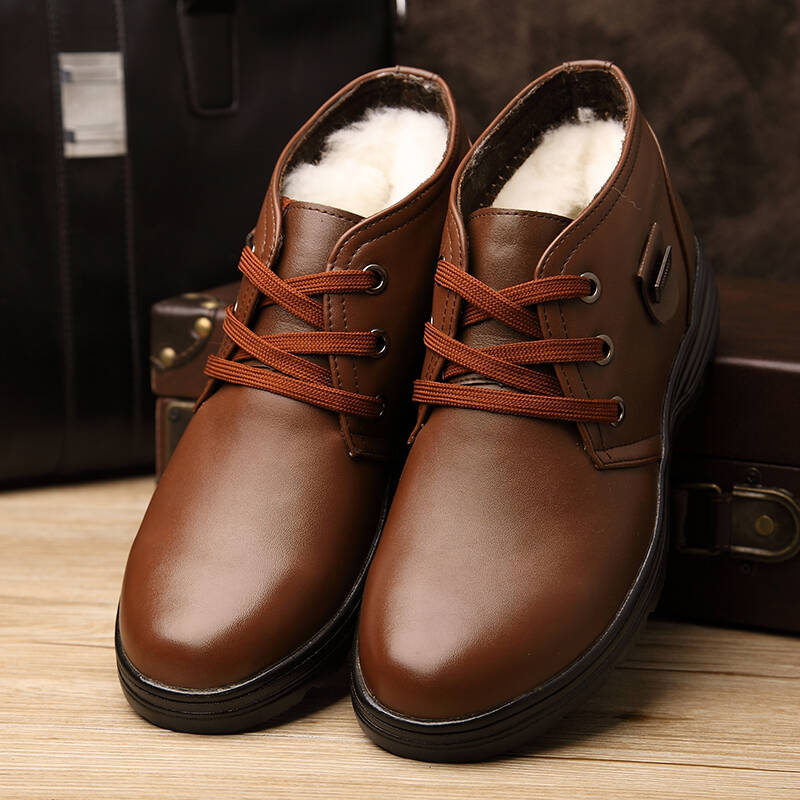 梵陛冬季保暖羊毛男棉鞋真皮高帮系带休闲棉皮鞋男鞋真羊毛棉鞋皮毛