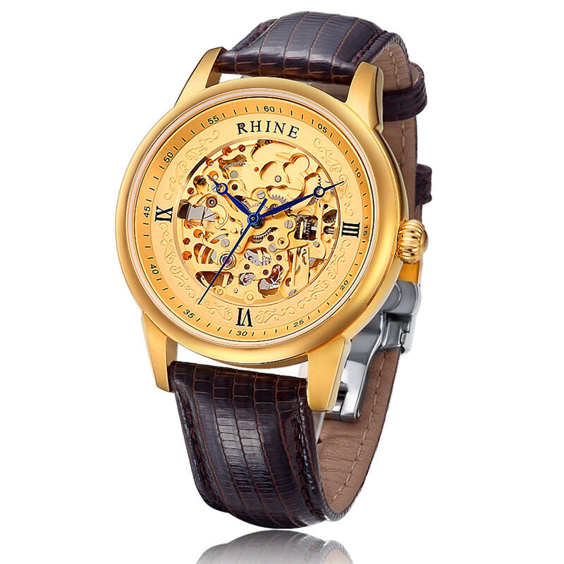 莱茵(rhine)手表 高端全自动镂空蓝宝石机械男表 r89240m金面罗马