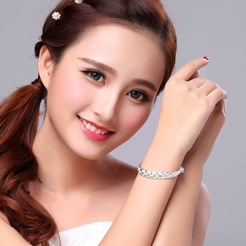 银手镯女款 999足银镯子 满天星母亲推拉式 纯银首饰银饰品 妈妈手镯