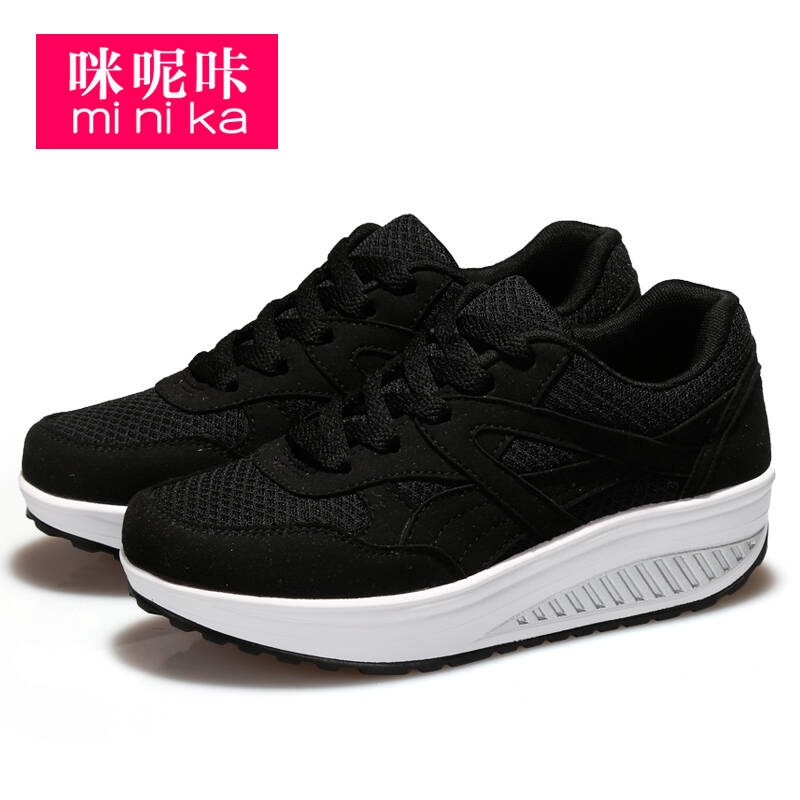 咪呢咔新款韩版帆布摇摇鞋女厚底松糕鞋坡跟休闲旅游鞋女 1603-3黑色