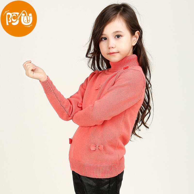 阿u童装 春秋装女童纯棉针织衫 动漫卡通儿童保暖毛衣 橘色 140