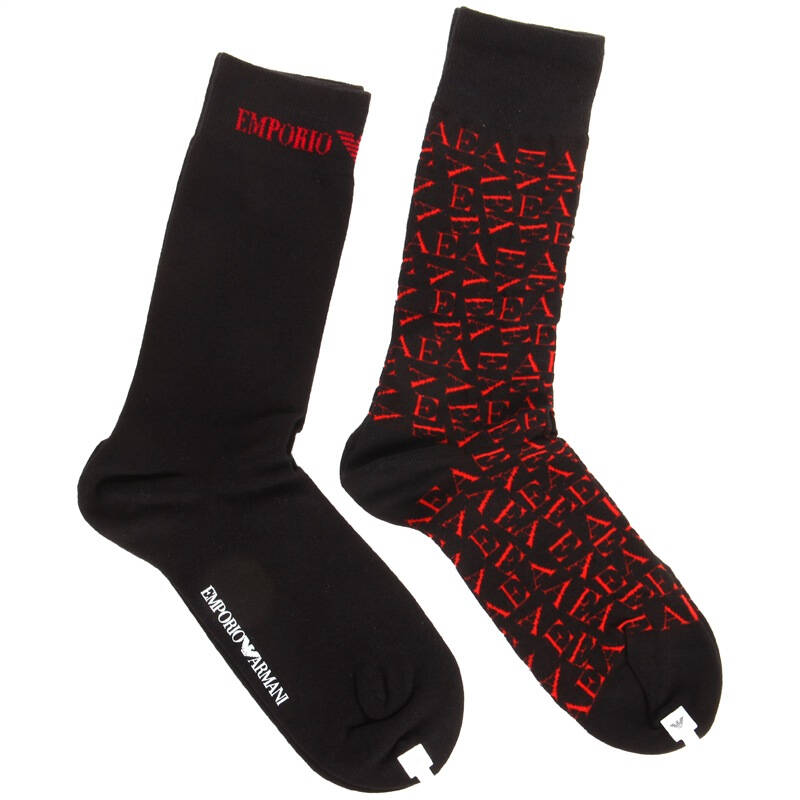 emporio armani 阿玛尼 男款黑色棉尼龙纯色配字母两双装商务中筒袜