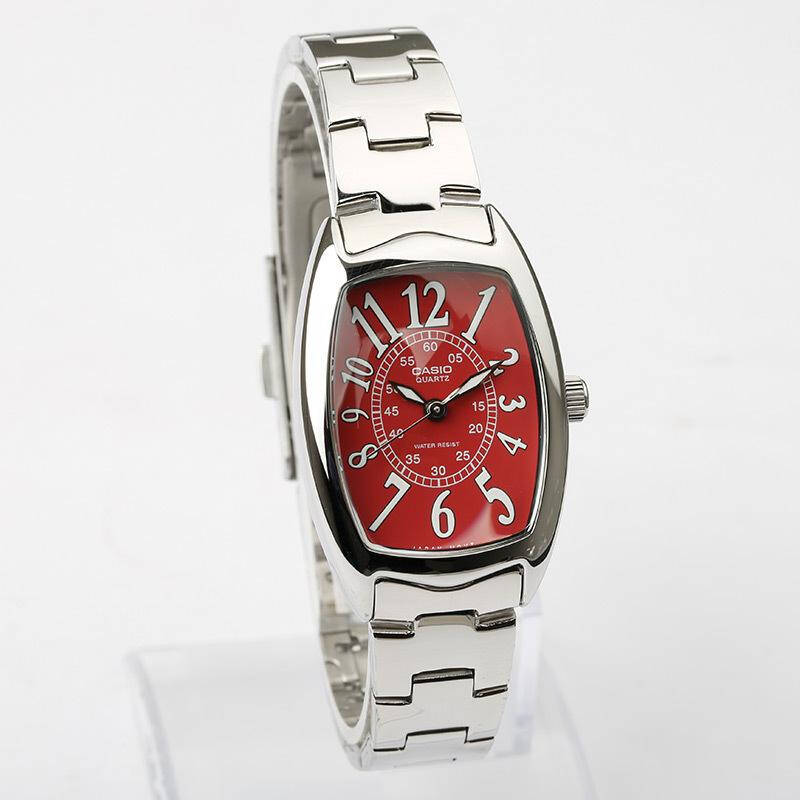 卡西欧(casio)手表女士时尚系列酒桶型石英女表 红盘ltp-1208d-4b