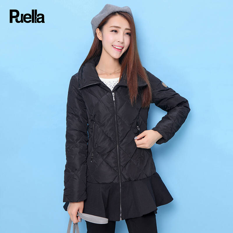 拉夏贝尔sport冬新款 伞摆呢料拼接高领中长款羽绒服 女20005518 黑色