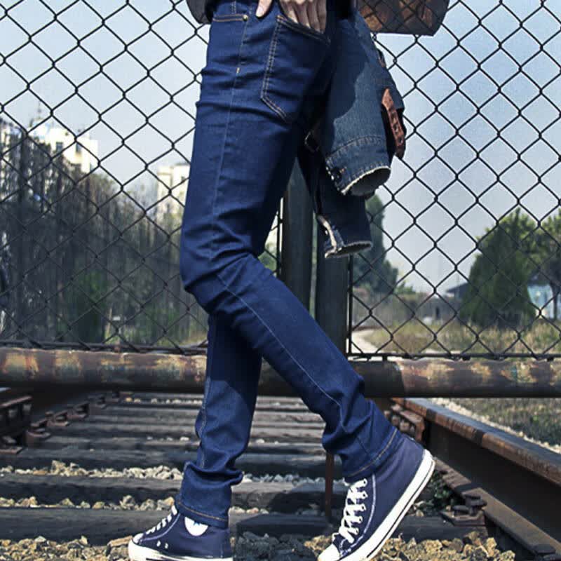韩版修身时尚男士青年衬衫套装休闲男长袖衬衣 牛仔裤套装潮 深蓝色 m