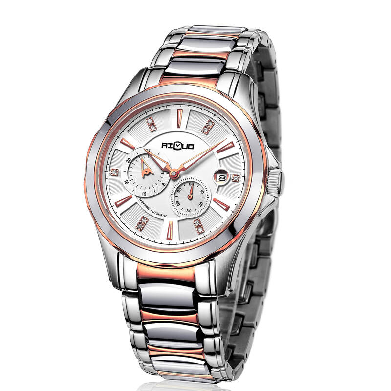 艾诺(ai luo)手表全自动机械表精钢黑面商务腕表男款6056g 间玫白面