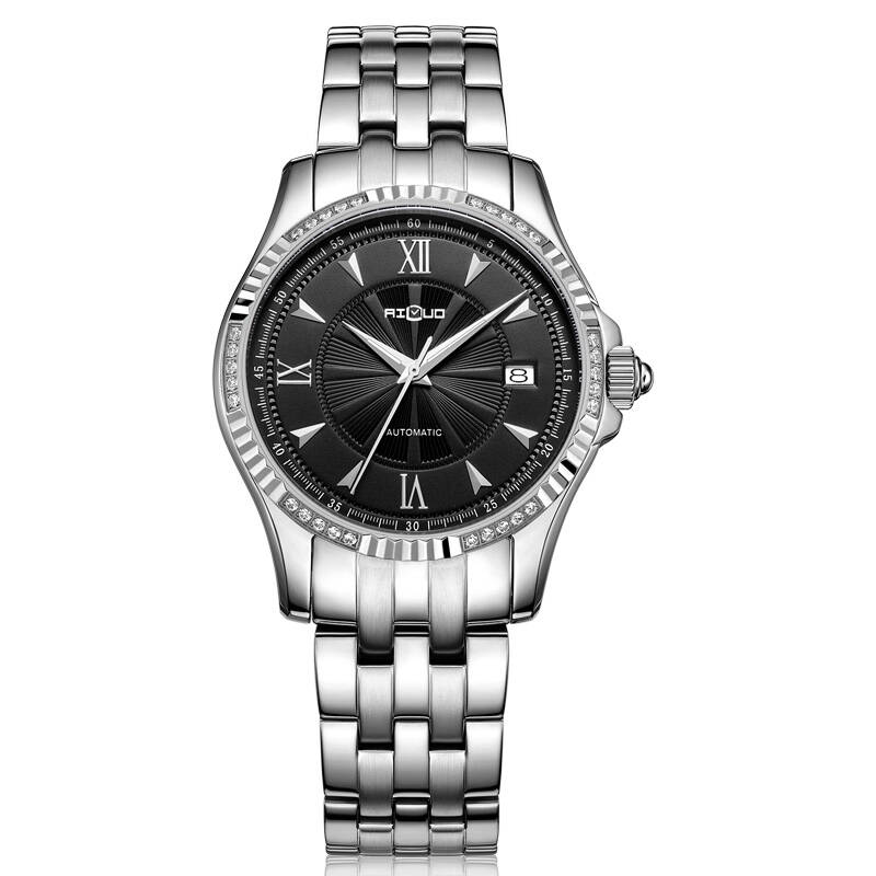 艾诺(ai luo)商务男士手表 自动机械表男 钢带 透底防水黑面男士6043g