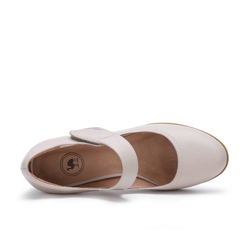 骆驼牌女鞋 舒适粗跟牛皮皮鞋圆头单鞋浅口魔术贴鞋子 w61196502 米白