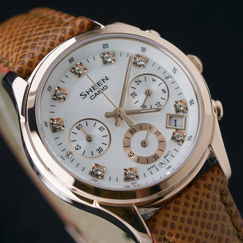 卡西欧(casio)手表 sheen系列玫瑰金色时尚皮表带女表she-5023gl-7a