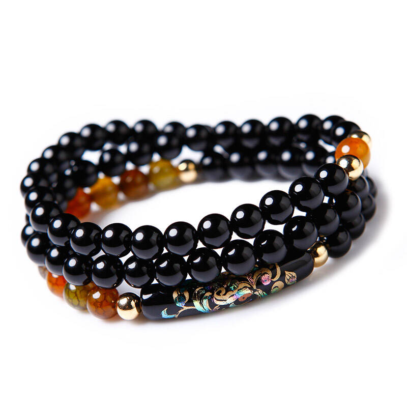 凤凰涅磐原创复古黑玛瑙龙纹石多层手链 送女友情人节礼物