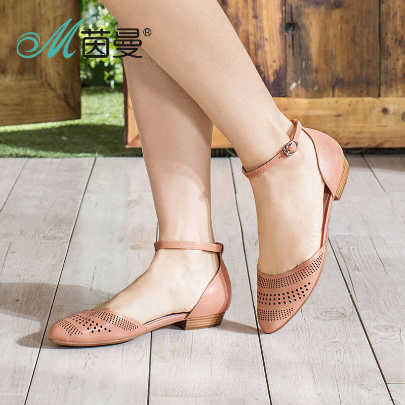 茵曼女鞋 休闲平跟镂空包跟舒适扣带凉鞋486218028 浅藕粉色 37
